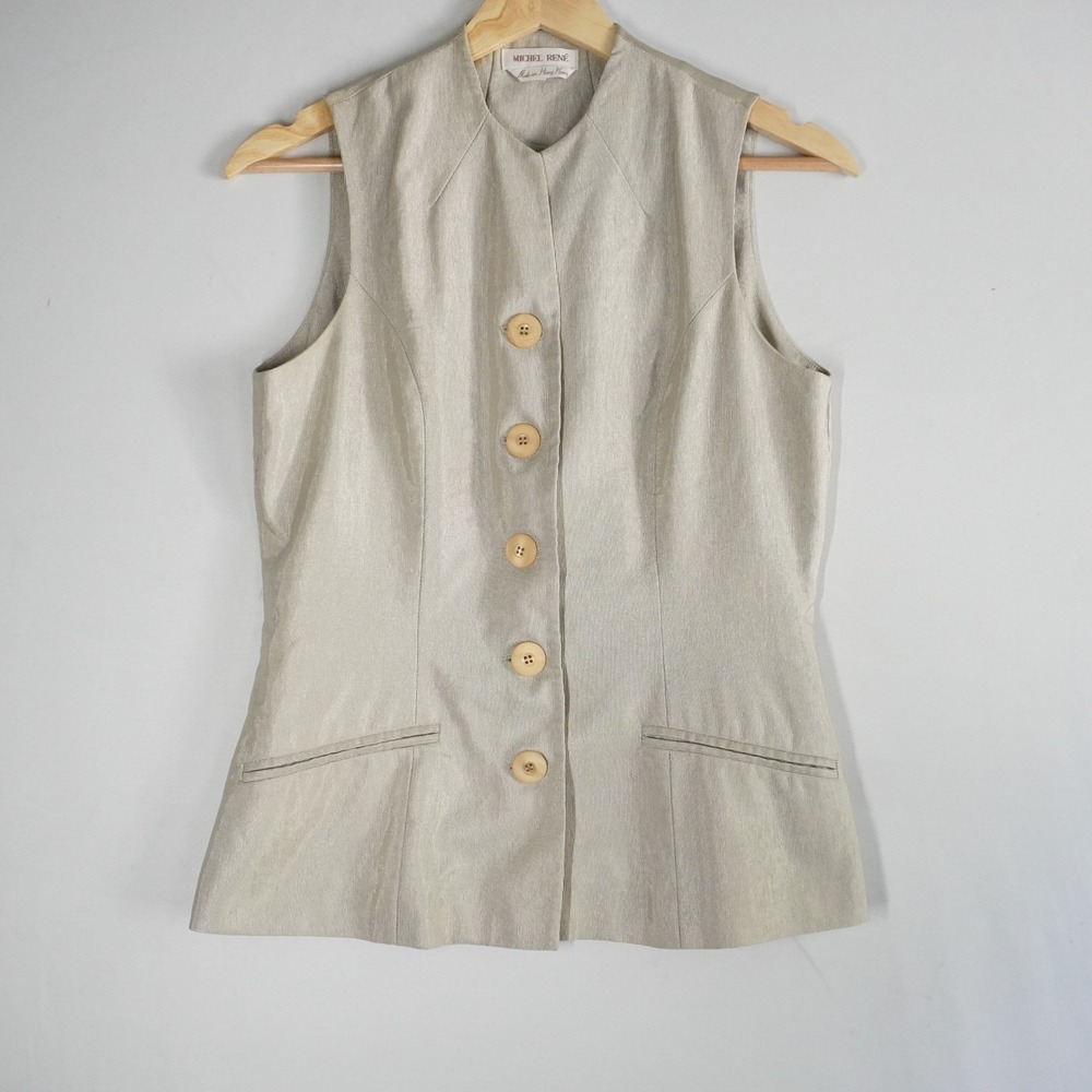Michel René Sleeveless Button‎ Down Vest Women's Light Beige 38 Tailored Luxury